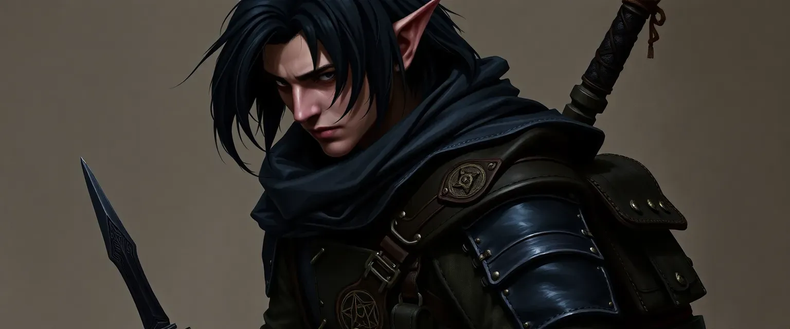 Tiefling rogue, early 30s, black hair, black leather armor, daggers, pouches, backpack, holy symbol of Mask.