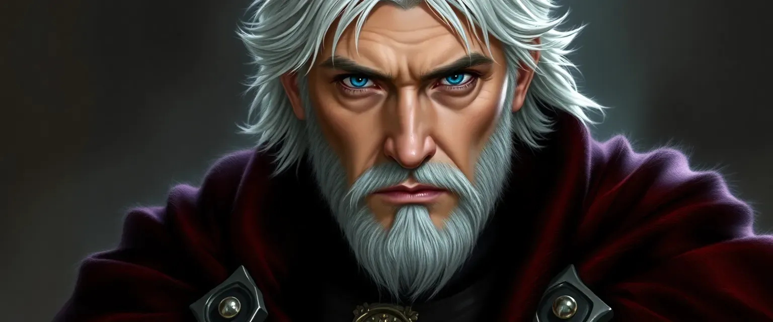 Silver-haired nobleman in dark velvet and leather, piercing blue eyes, imposing stature.