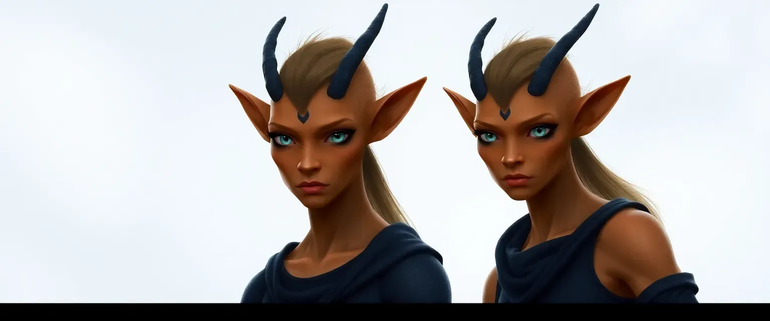 Tall fae with pointed ears, large blue-gray eyes, tan skin, muscular build, wearing black and dark blue clothes.