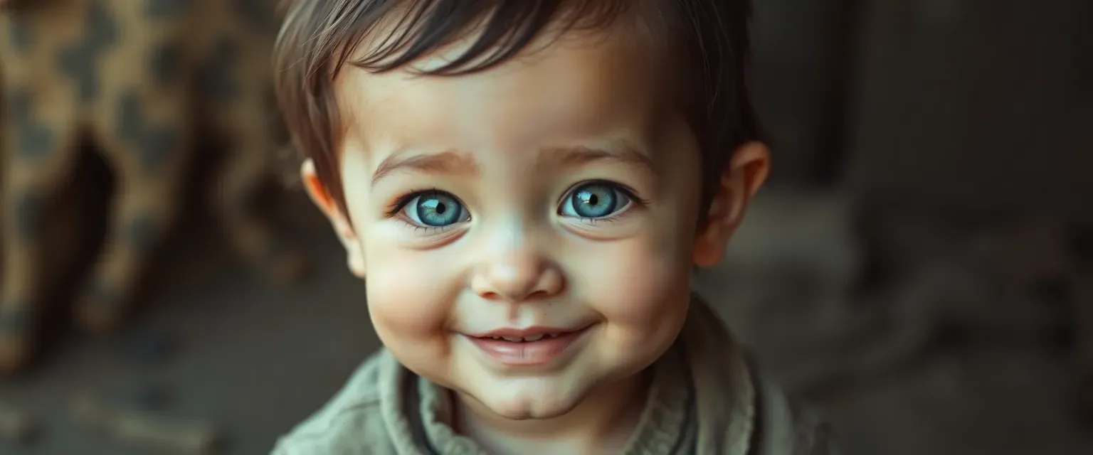 A 1-year-old with silver eyes and a curious smile, wearing simple, worn clothes.