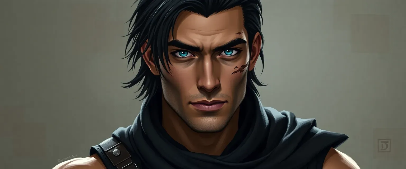Mid-20s, muscular, jet-black hair, piercing blue eyes, dark leather and cloth attire, scar on left cheek.