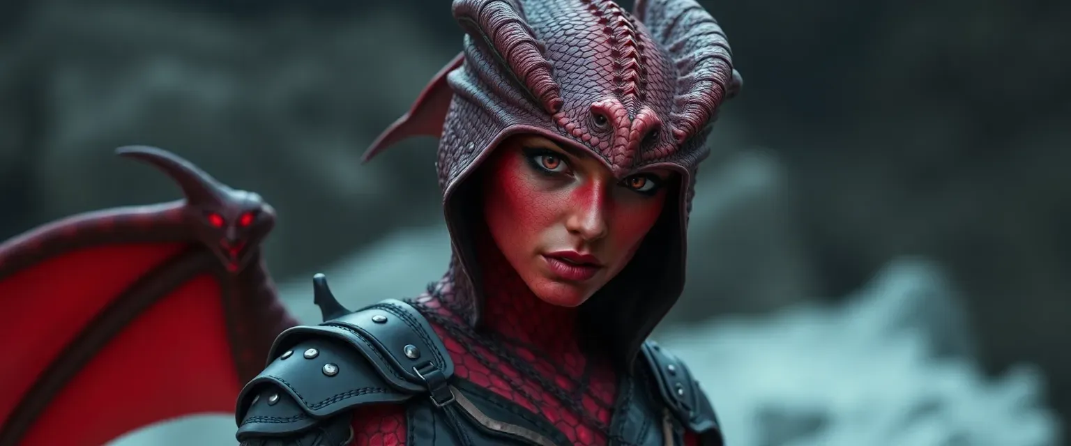 Red-scaled dragon-born female, blood-red eyes, long tail, leather and chainmail armor, hood over eyes.