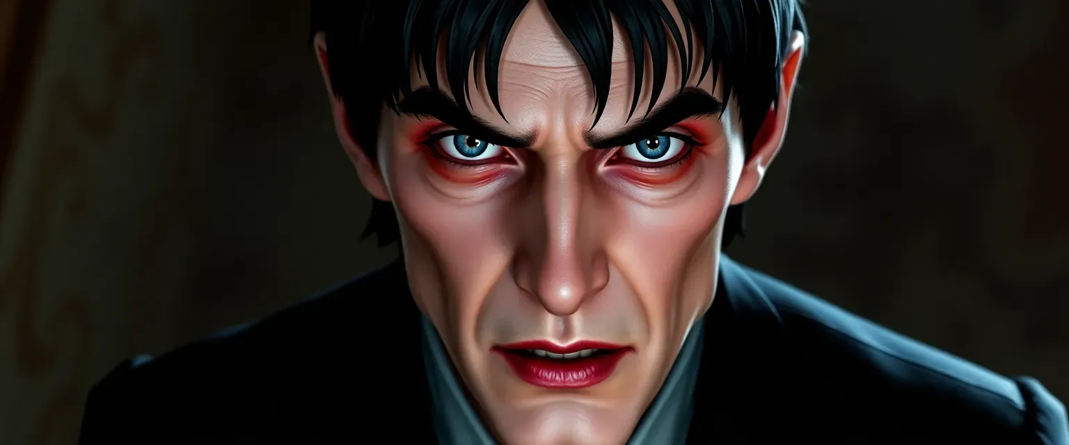 Pale-skinned vampire with dark hair and piercing blue eyes, dressed in a dark, tailored suit, often disheveled.
