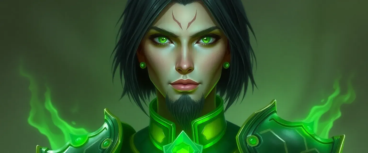 Tall humanoid in radiant light green armor, green leaf-like eyes, pale skin, shoulder-length sleek 1C hair, short beard, strikingly beautiful.