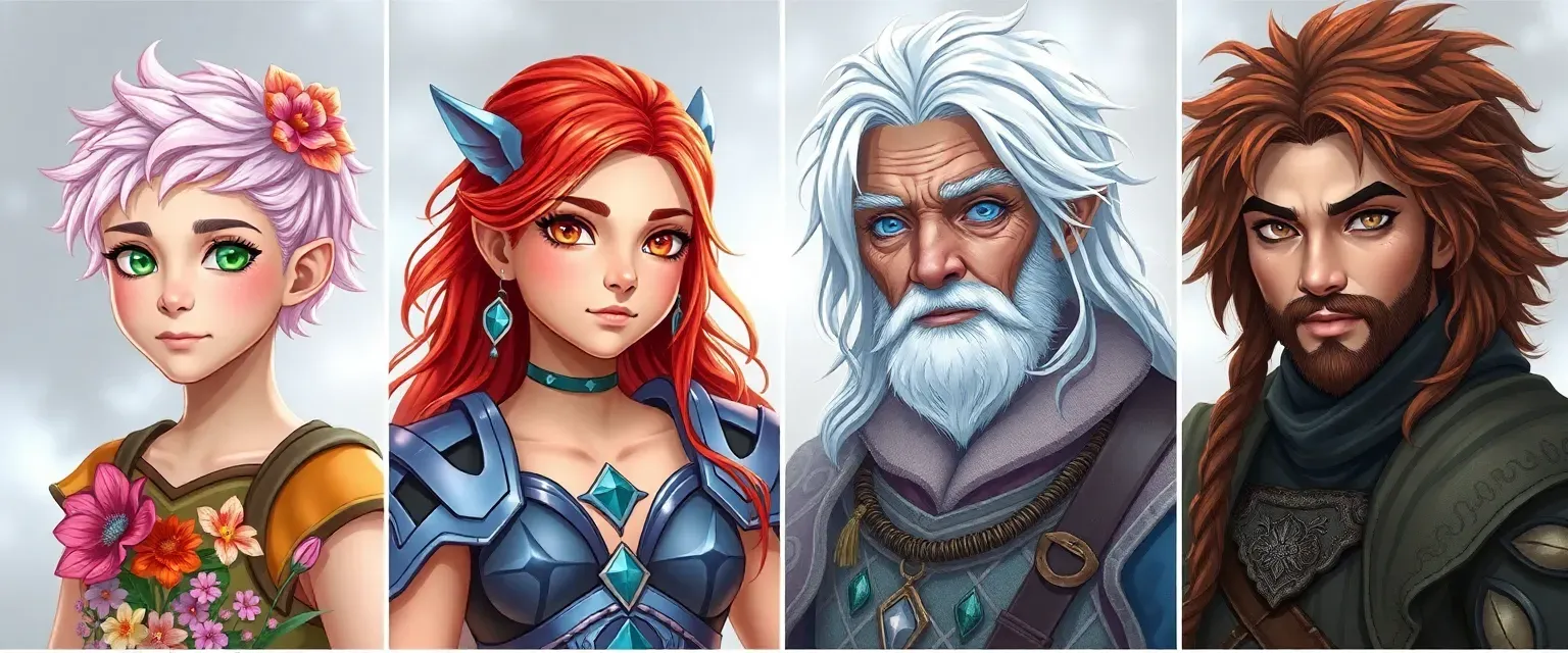 Young Eladrin with vibrant green eyes and pastel hair, wearing flowery garments. Middle-aged Eladrin with fiery red hair and sun-like eyes, in summer armor. Older Eladrin with silver hair and cool blue eyes, in icy attire. Mature Eladrin with autumnal hair and deep brown eyes, in harvest-themed clothes.
