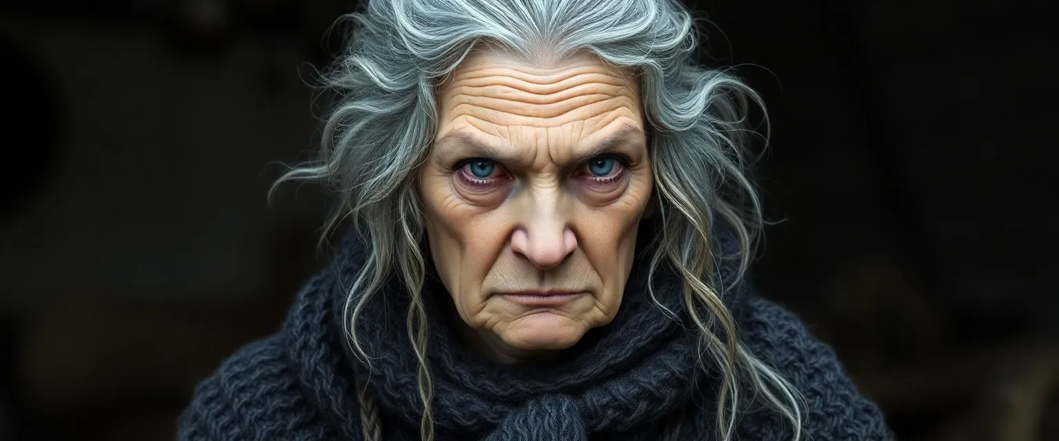 An old Slavic woman with gray, tangled hair and a scowl, dressed in dark woolen garments.