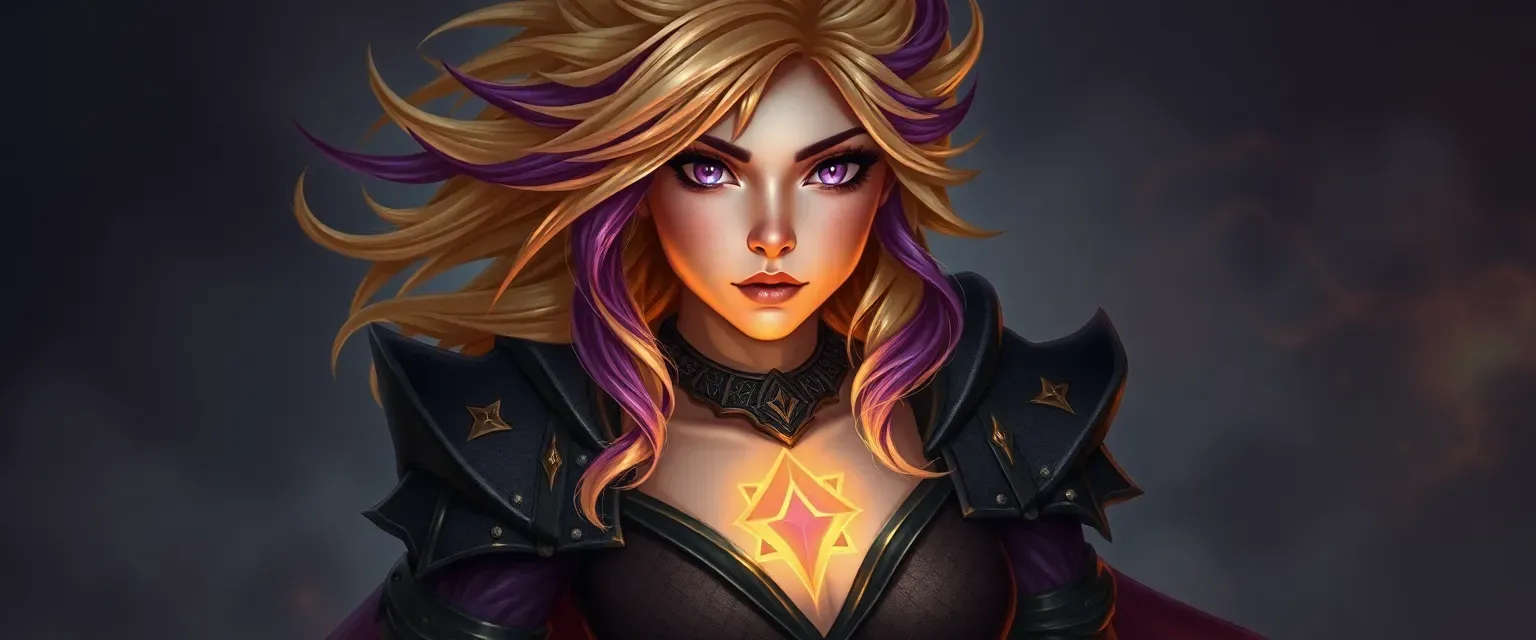 Petite woman with wild blonde and purple hair, storm-lit eyes, glowing scar on chest, wearing dragon-scale leathers and arcane relics.