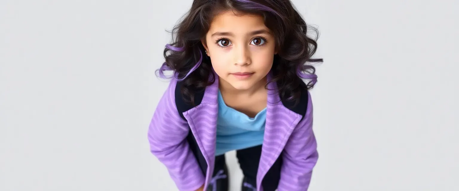 10-year-old girl with fair skin, mulberry eyes, black wavy hair with lavender highlights, wearing a black and lavender blazer, light blue tank top, black jeans, and black shoes with lavender details.