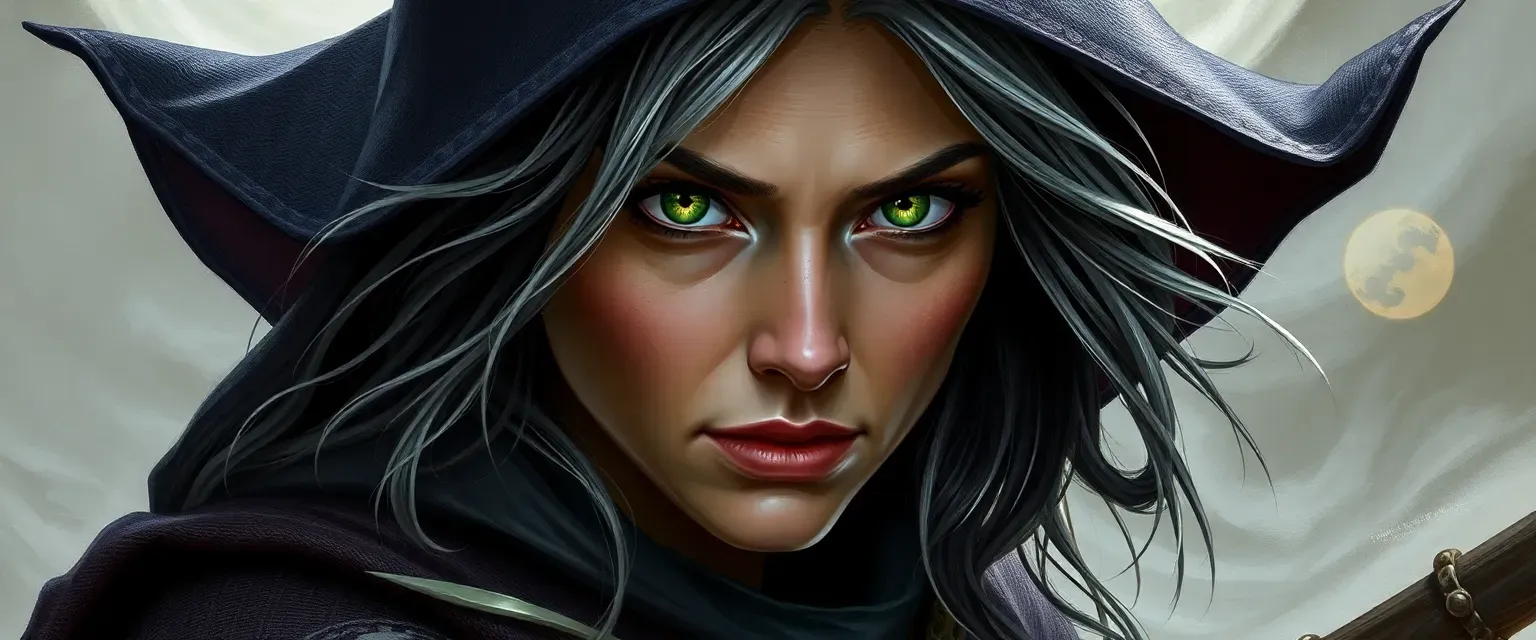 Late 30s witch with silver-streaked dark hair, piercing green eyes, wearing a rune-adorned robe and cloak.