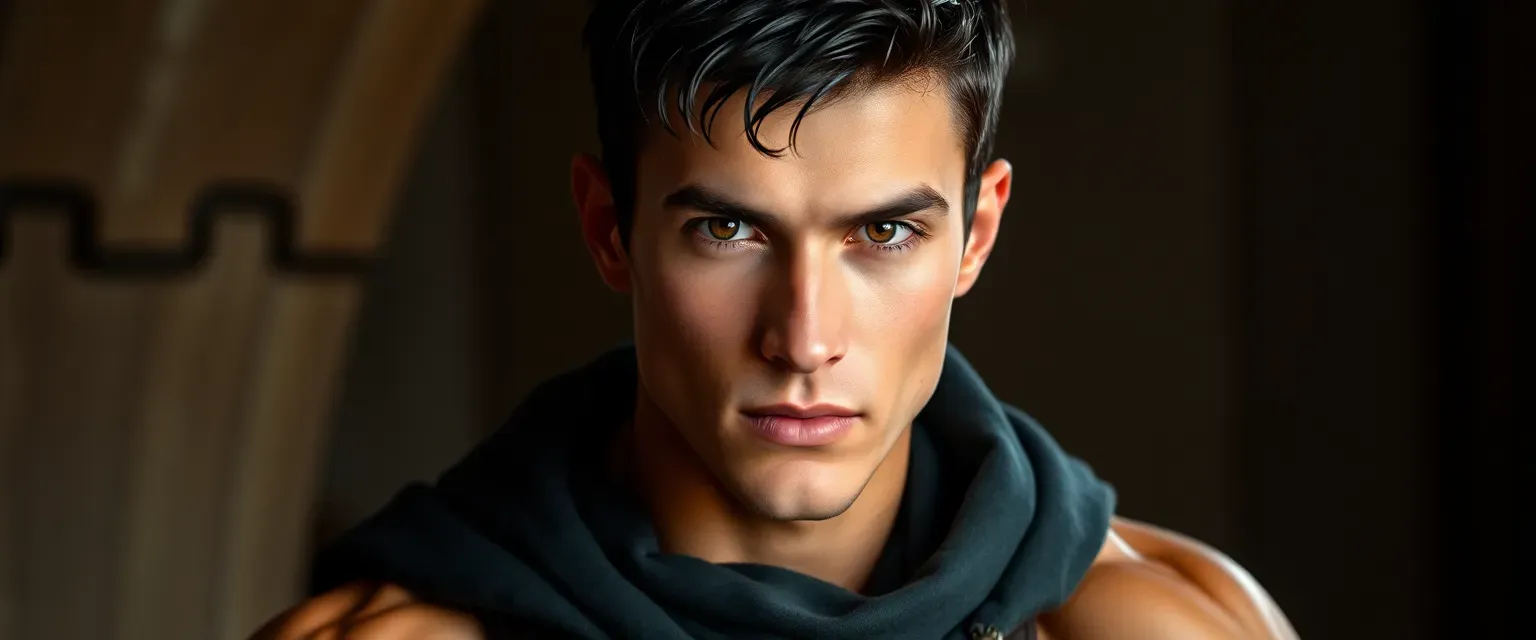 29-year-old handsome Caucasian male with short black hair, hazel eyes, and a ripped physique.