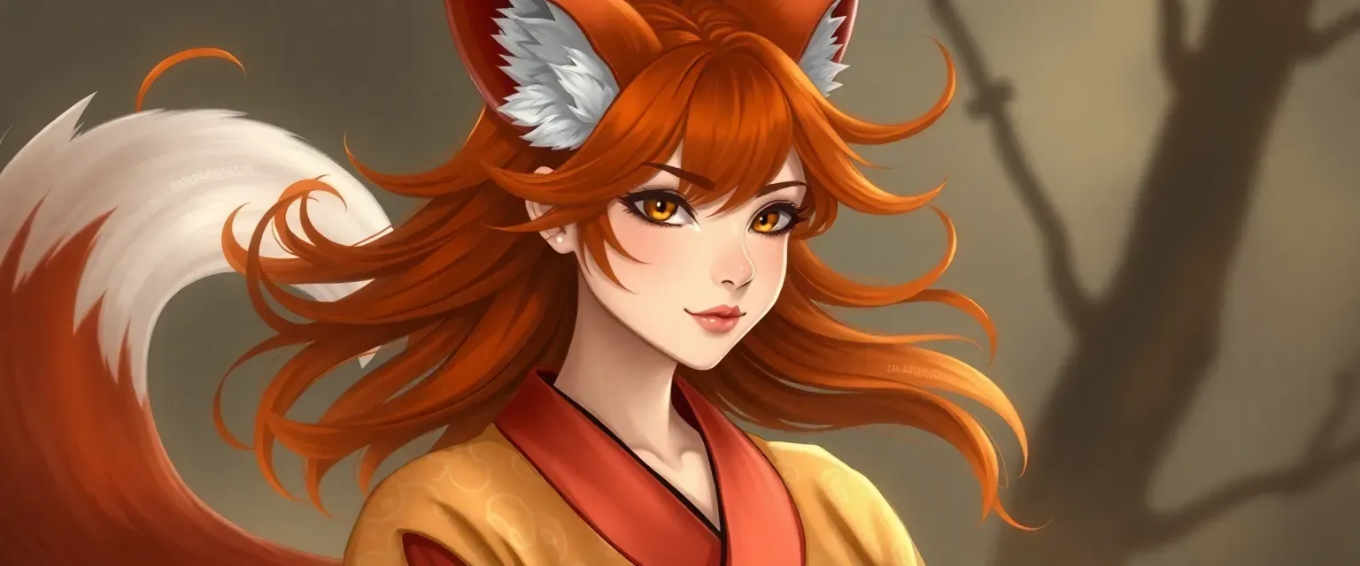 22-year-old female kitsune with flowing autumn hair, gold eyes, and russet fox ears and tail, wearing a mood-shifting kimono.