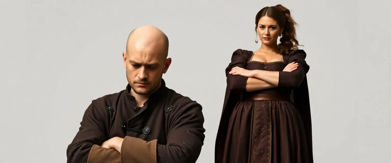 A puny, bald man in medieval clothing sits dejected; a robust woman in a medieval dress stands tall, arms crossed.