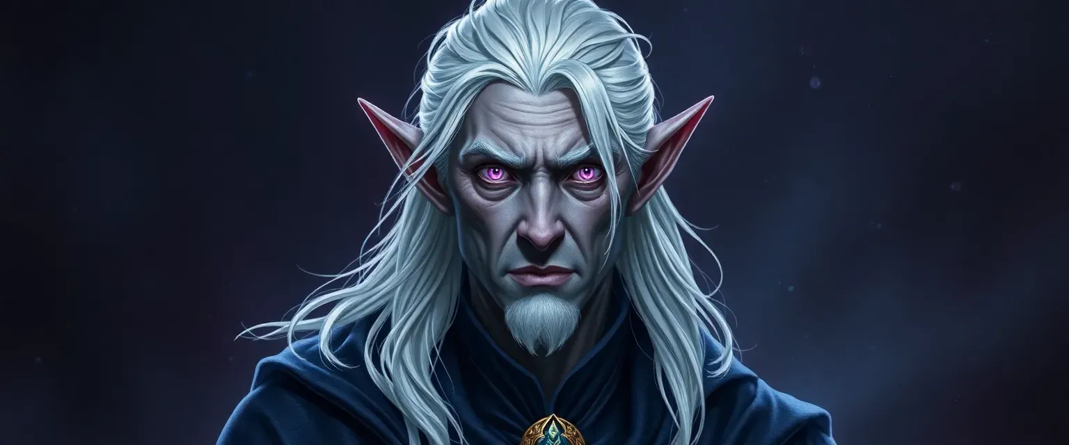 200-year-old male dark elf with dark skin, silver hair, and violet eyes, wearing a robe that shifts like space and time.