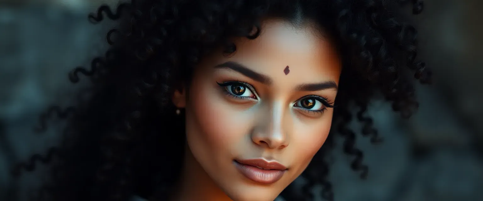 24-year-old woman with very curly black hair, mixed race features, small birthmark on forehead, dark brown almond-shaped eyes, 5'4", radiating aura of fire.