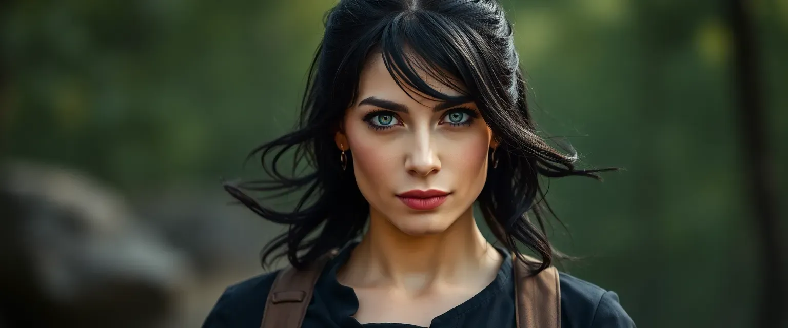 Late thirties woman with raven black hair and piercing gray eyes, dressed in dark, practical attire.
