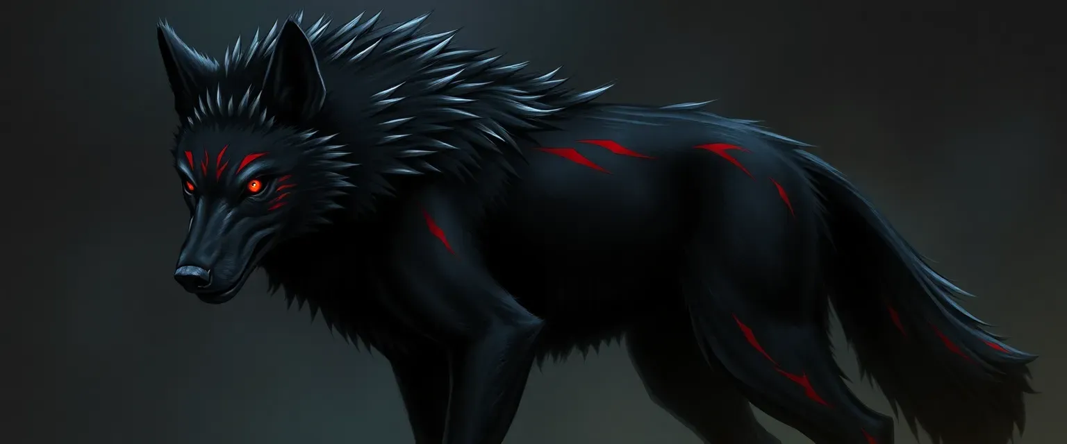 A black wolf with crimson streaks, red glowing eyes, and a scar over the left eye, standing tall and muscular.
