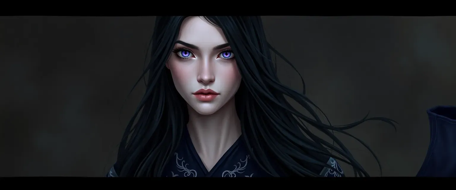 Pale-skinned woman with violet eyes and long black hair, wearing flowing dark robes with silver moon embroidery.