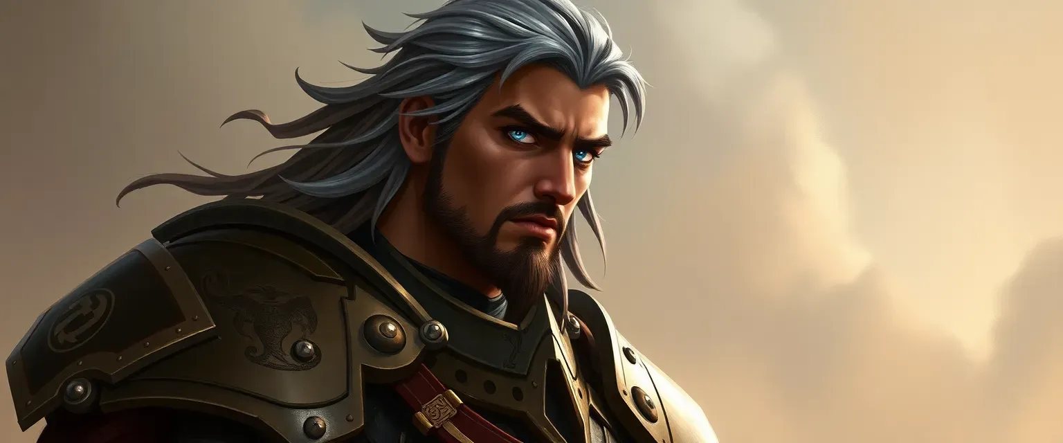 A tall, armored man with gray-streaked brown hair and piercing blue eyes, wearing Boros Legion symbols.