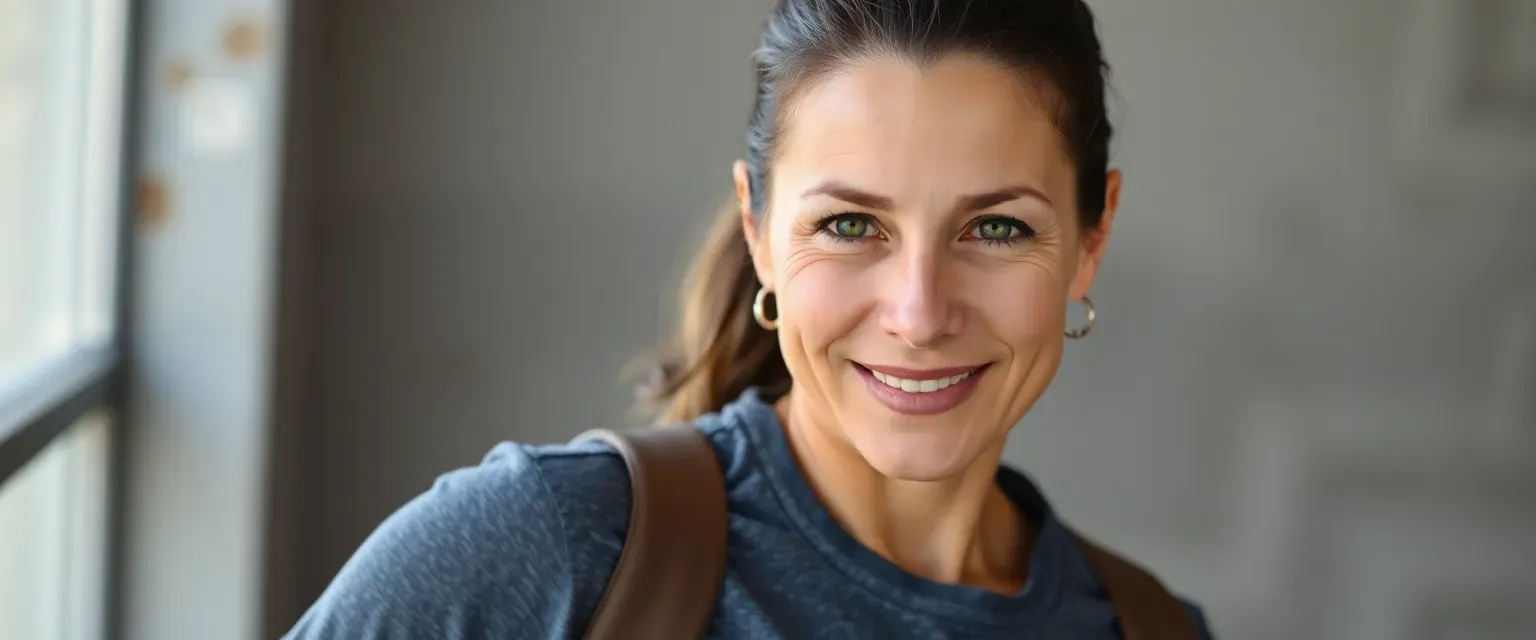 Early 40s woman with athletic build, dark brown hair in ponytail, sharp green eyes, wearing casual functional clothes.