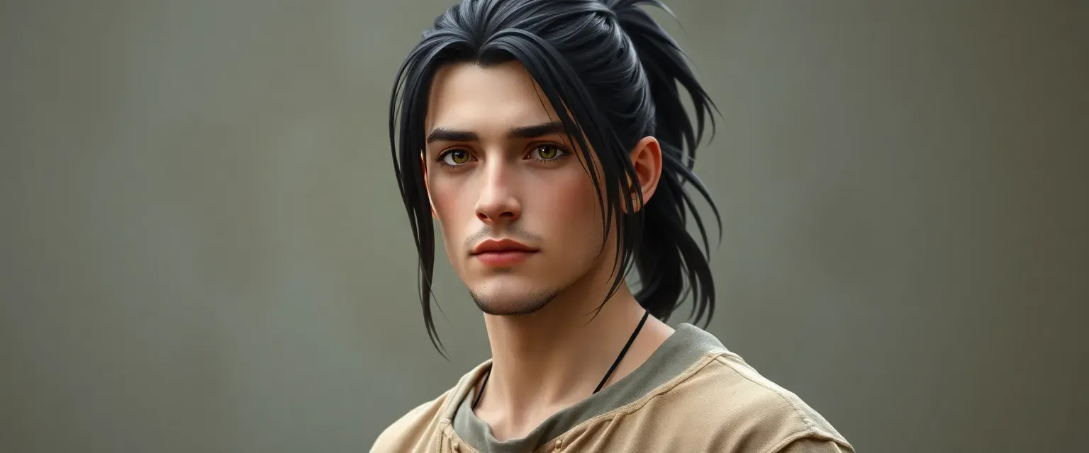 28-year-old male with long dark hair in a ponytail, pale skin, and brown eyes, wearing loose-fitting clothes.
