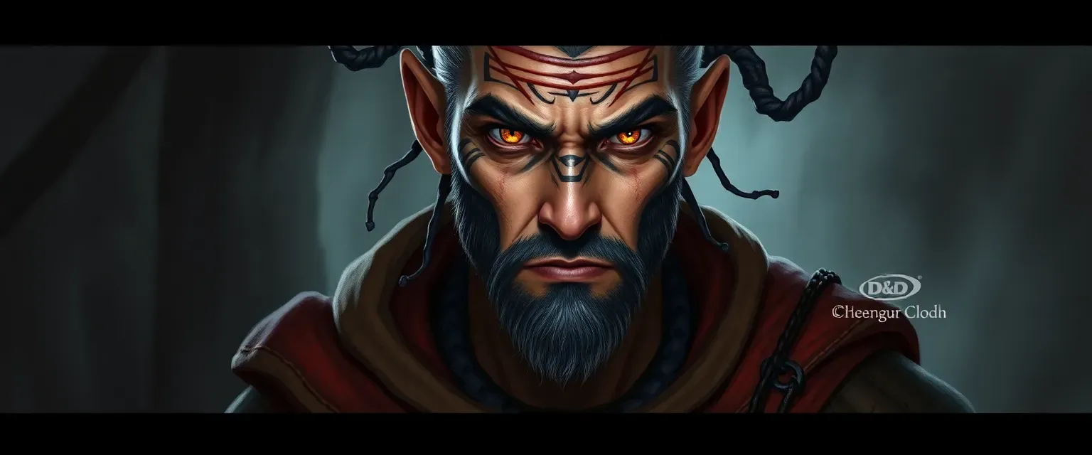 Wiry man with tribal tattoos, amber eyes, wearing a shadowcat cloak and earthy attire.