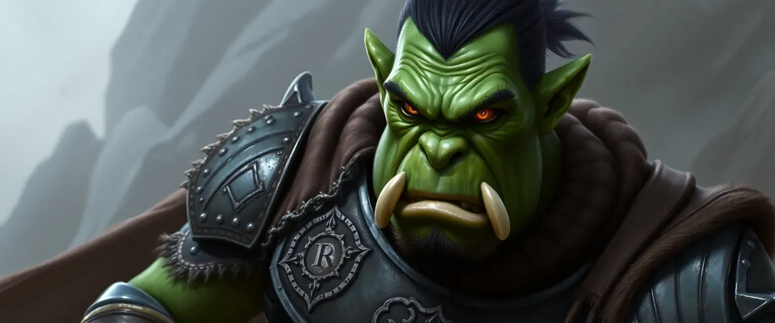 A 17-year-old orc paladin with green scarred skin, amber eyes, uneven tusks, wearing patched leathers, dented breastplate with Gruumsh symbols, and a frayed cloak; clumsy build, broad shoulders.
