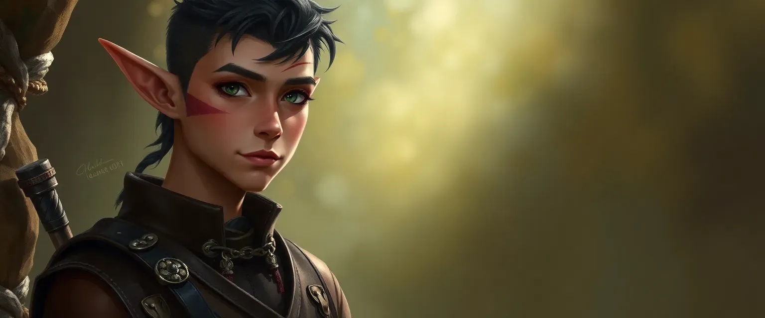 21-year-old half-elf with a scar from cheek to ear, slender, wearing practical leather attire with trinkets.