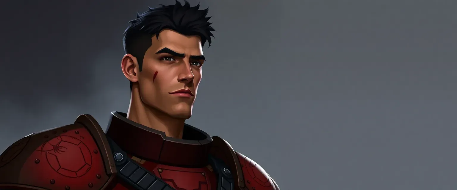 Tall, dark-haired Space Marine Captain with a scar on his left cheek, wearing red and black armor.