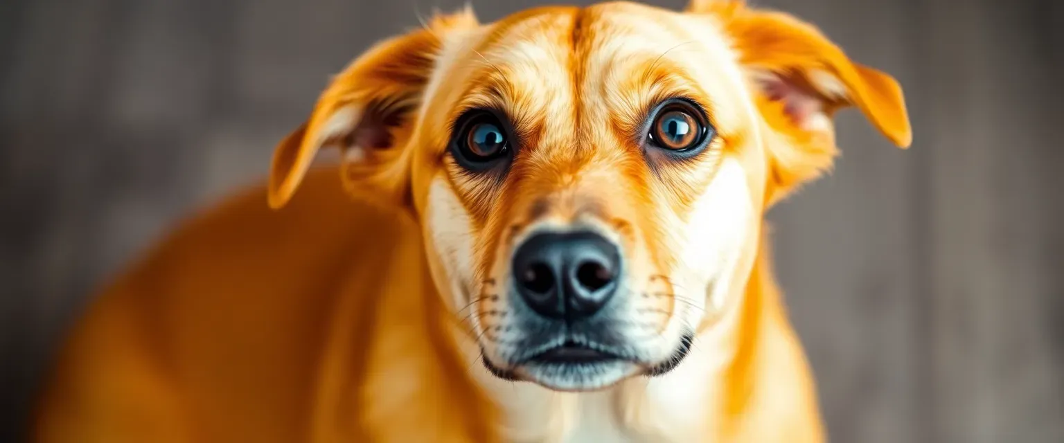 Yellow dog with wide, curious eyes and a vibrant coat, embodying chaos and simplicity.