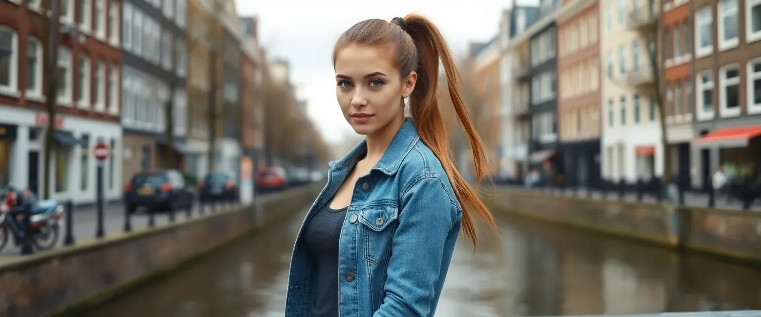 Athletic young woman with chestnut ponytail, green eyes, wearing a denim jacket and jeans, in Amsterdam.