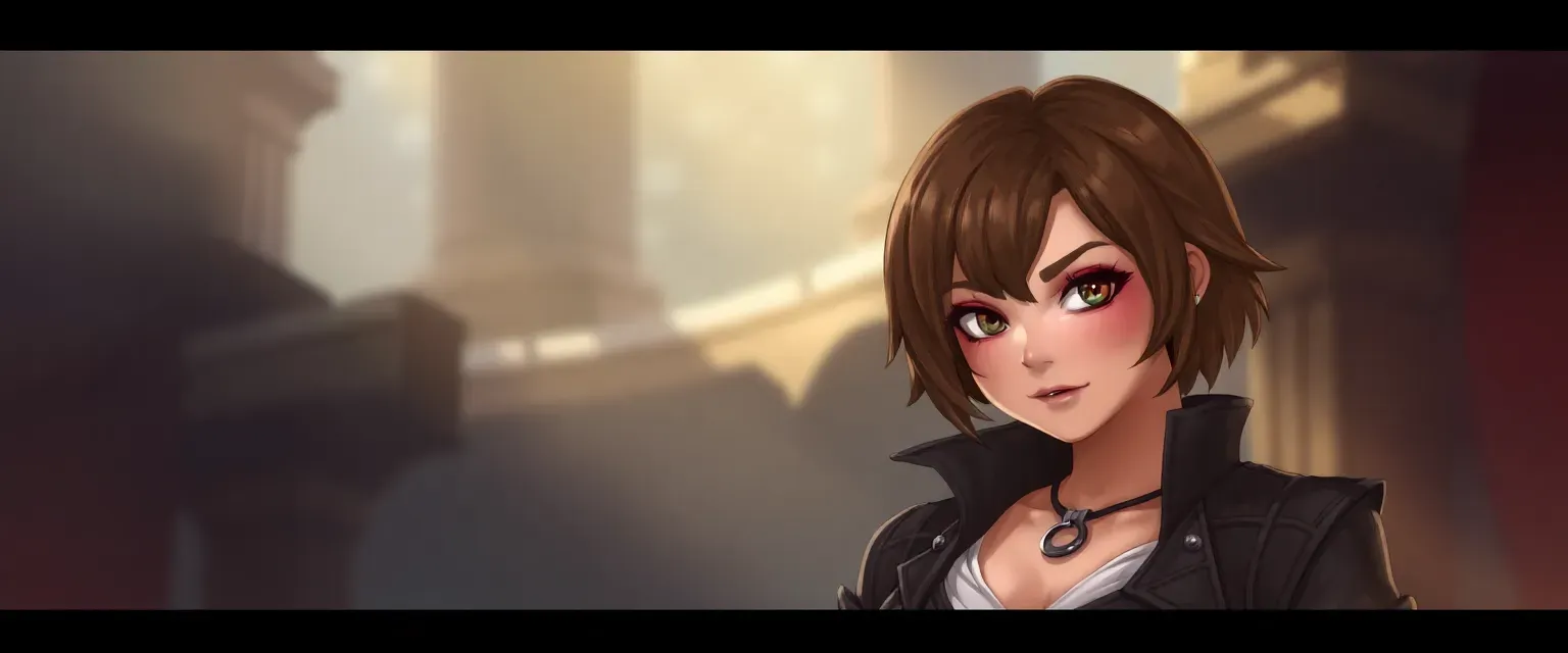 Short, pretty girl with brown hair and a large chest, wearing a stylish outfit.