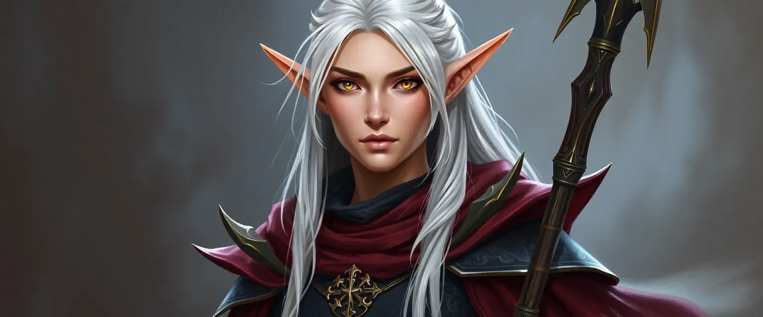 High Elf noble, 5'8", silver hair, gold eyes, fair skin, draconic sorcerer attire.