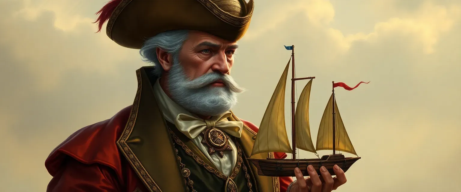A wealthy aristocrat in his fifties, dressed in fine silk, with a haughty demeanor and a small wooden ship in hand.