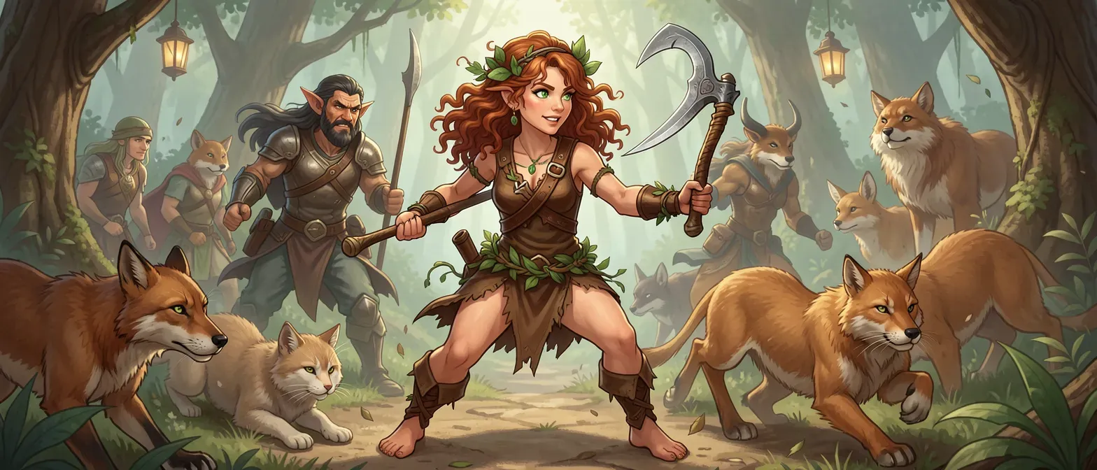 A 3-foot halfling druid woman in her 30s, curly auburn hair with leaves, green eyes, wearing leather tunic and vine belt, barefoot, holding a sickle, surrounded by forest animals.