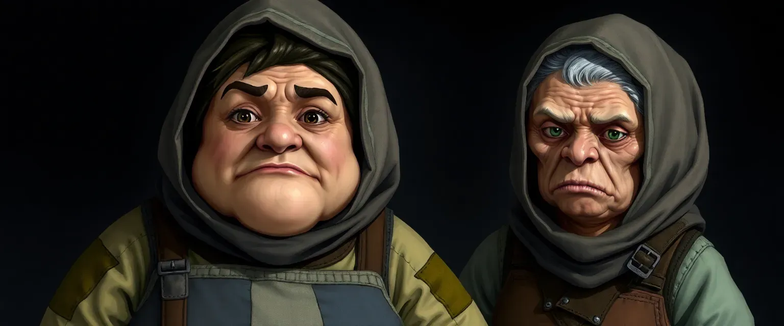 Two stout women in patched dresses, with scarves covering their hair, one with a crooked nose, the other sallow-skinned.