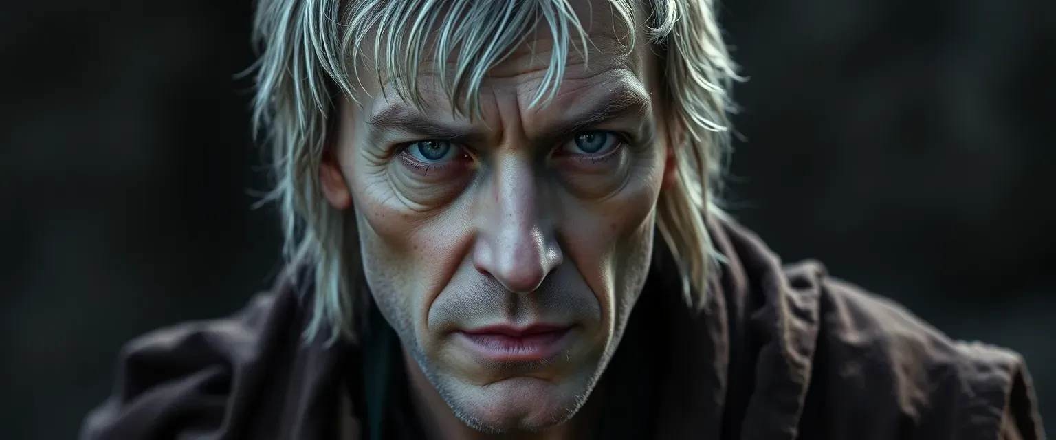 Mid-thirties man with dull gray eyes, matted silver hair, gaunt face, pale skin with scars, wearing tattered robes.