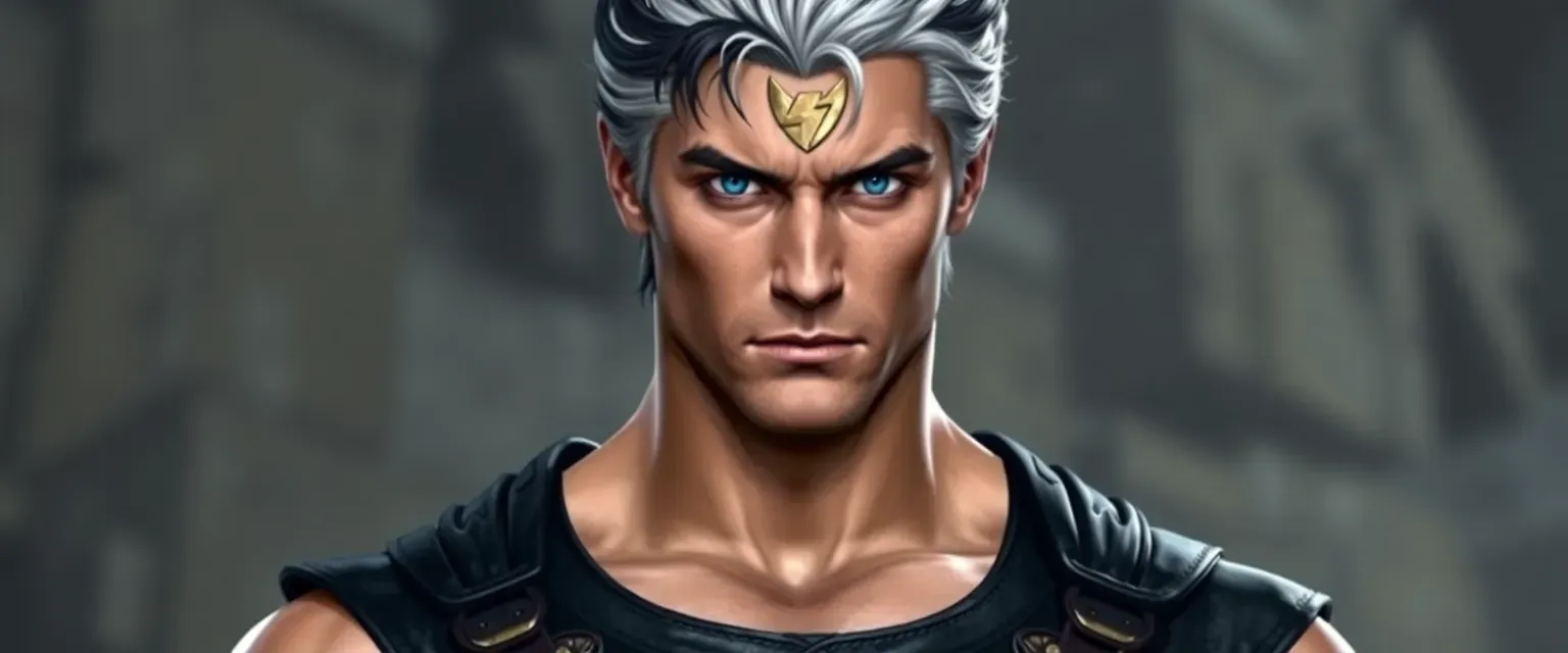 Tall, muscular man with silver-streaked black hair, piercing blue eyes, wearing a dark leather tunic with a lightning bolt emblem.