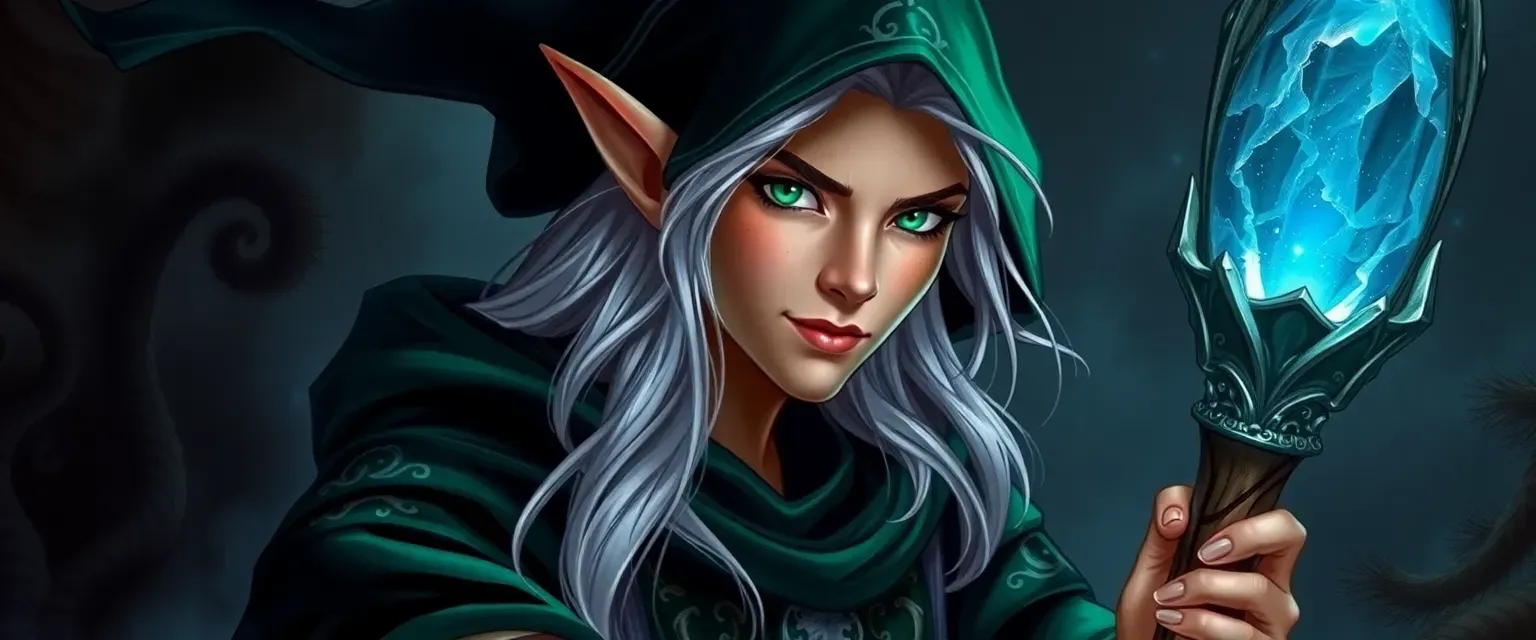 27-year-old elf wizard, silver hair, emerald eyes, dark green robe with silver runes, oak staff with glowing crystal.