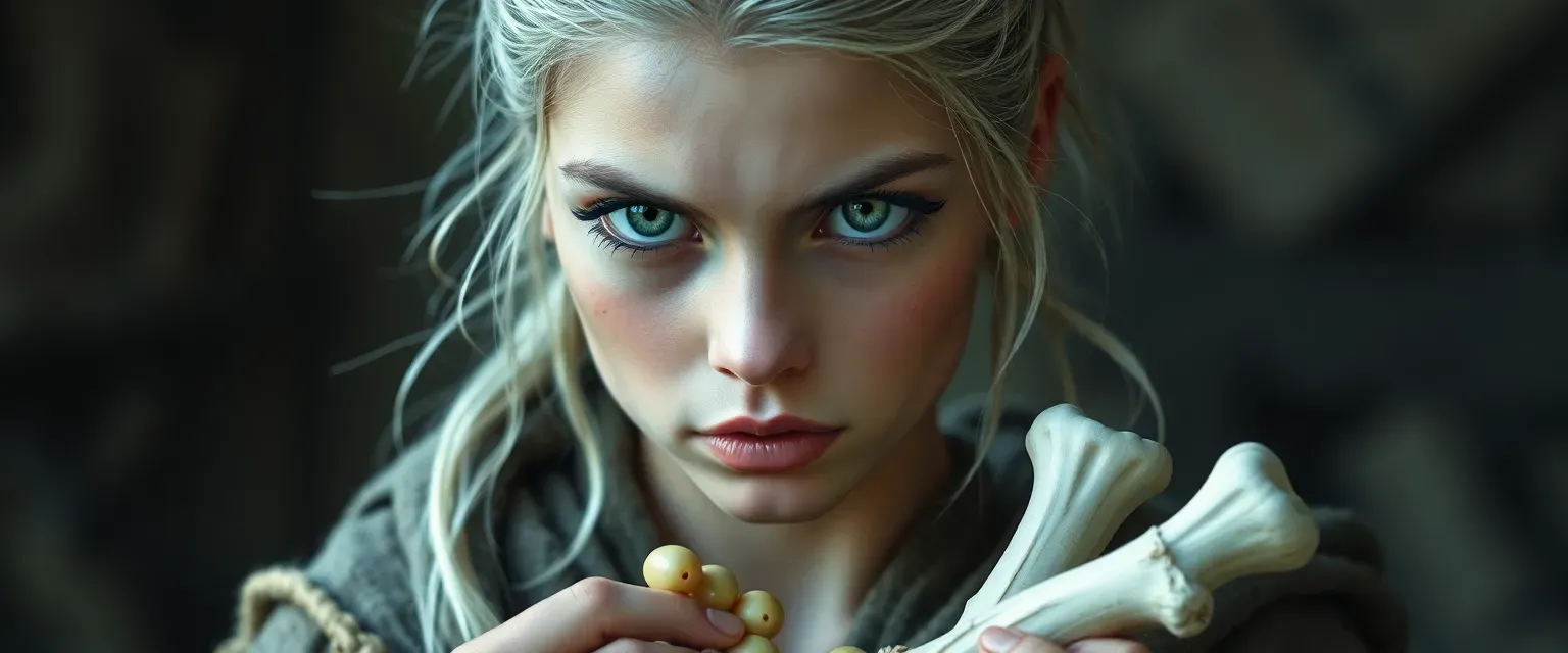 Young woman with matted hair and piercing green eyes, wearing tattered robes, holding beans and bones.