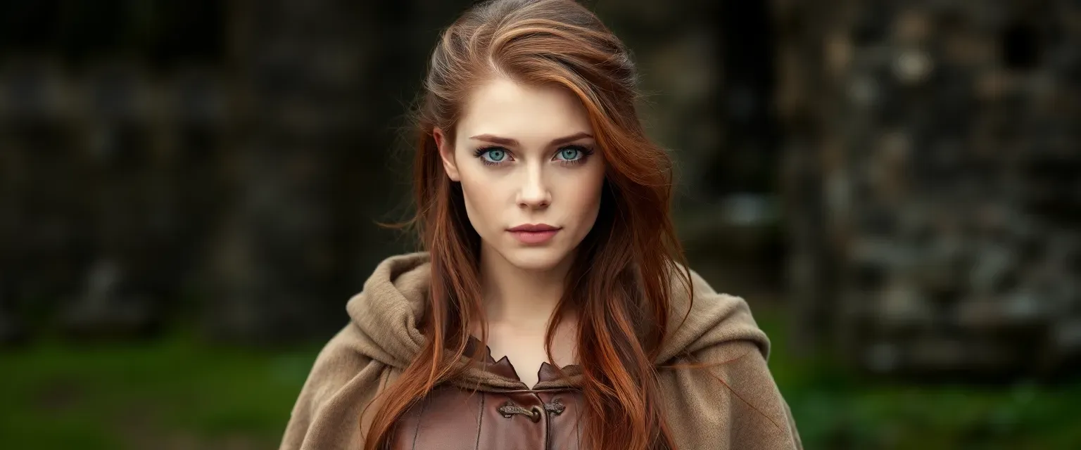 27-year-old woman with chestnut hair and green eyes, wearing a worn earth-toned cloak and leather tunic.