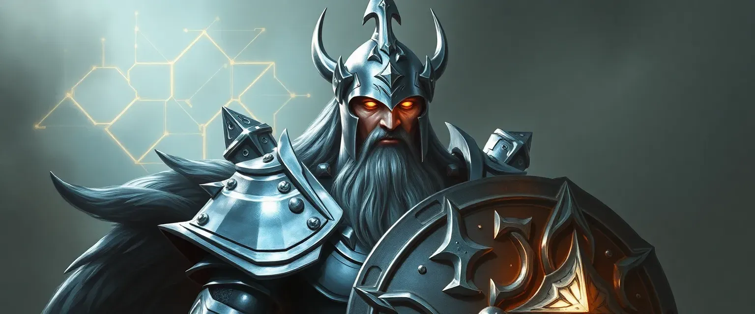 Silver-armored god with an open-faced helmet, carrying a glowing shield, serene yet vigilant.