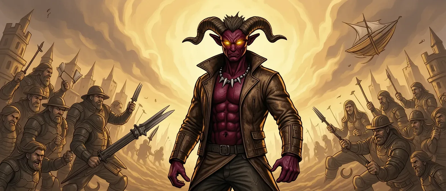 Mid-forties Chthonic Tiefling with obsidian-red skin, curved horns, glowing golden eyes, sinuous tail; wears weathered leather greatcoat with shark-tooth necklace, stands tall and lithe with seafarer scars.