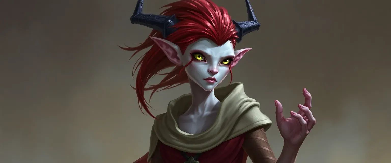 Tall, lean changeling with dark red hair, white skin, yellow eyes, wearing cleric's garb.