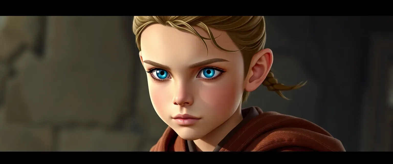 Young Padawan with vibrant blue eyes, lean build, traditional robes, and a Jedi braid, eager and curious.