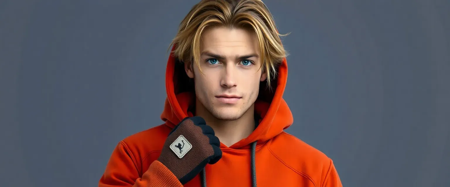 Tall, lean man with sandy brown hair, blue eyes, wearing a hoodie, fingerless gloves, and high-top sneakers.