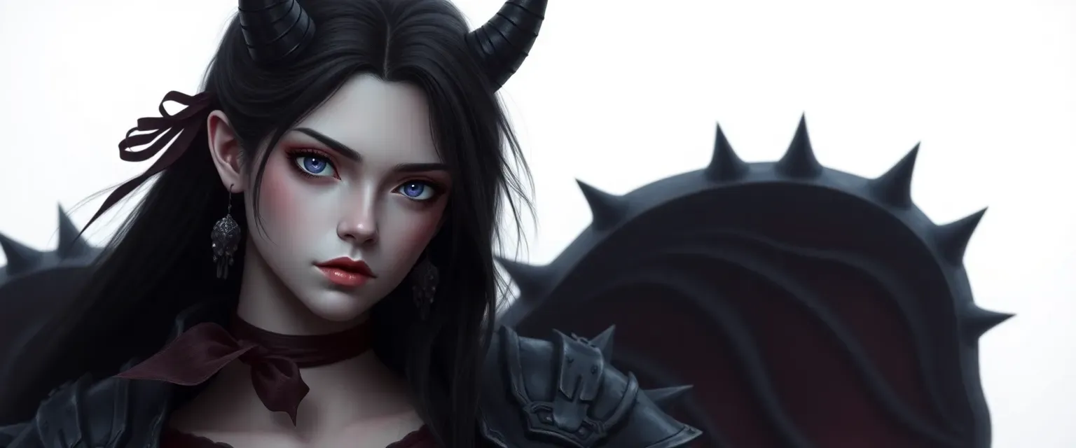 Young demoness with pale skin, violet eyes, and long dark hair tied with a ribbon, wearing dark spiked armor.