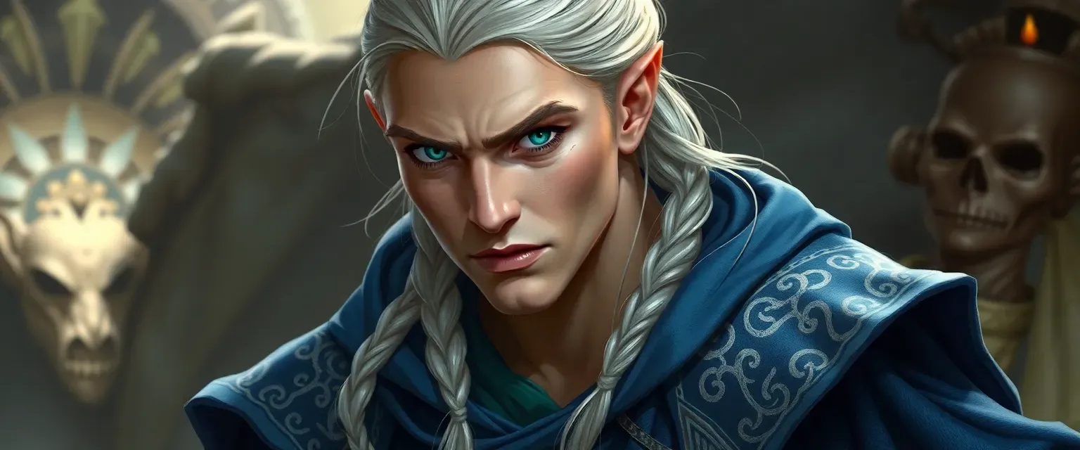 Half-elf male, 42, silver hair in braid, emerald eyes, blue robes with silver runes.