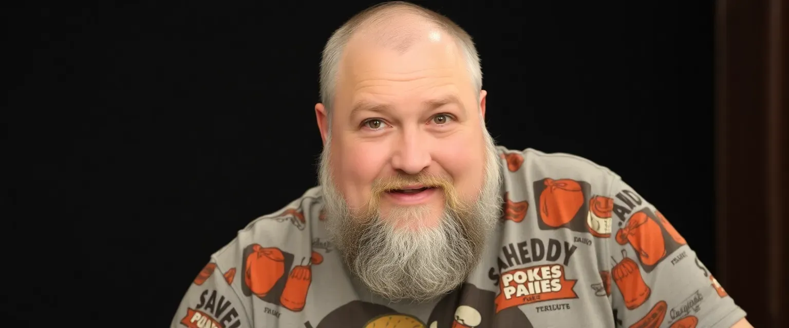 Mid-50s comedian with stocky build, round face, thinning hair cropped close, full beard; wears graphic tees with food jokes or retro references; bright mischievous eyes.