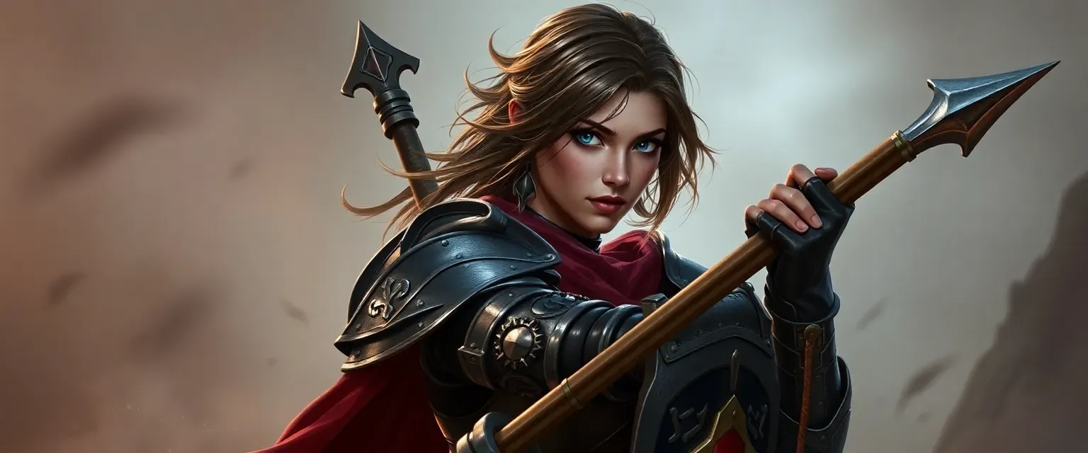 Late 20s human female paladin in gothic armor, wielding a polearm, with deep azure eyes.