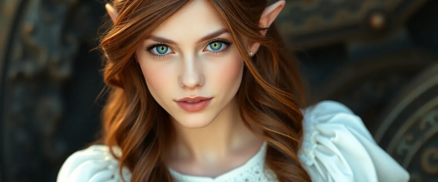 24-year-old half-elf princess with brown hair and emerald eyes, wearing a white dress, exuding grace and leadership.